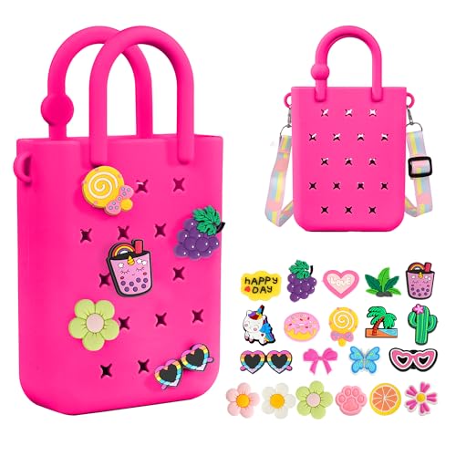 Silicone Small Rubber Beach Bag with 20 Charms, Hole Handbag With Adjustable Shoulder Strap, Mini Tote Bags for Little Girls and Woman(Hot Pink)