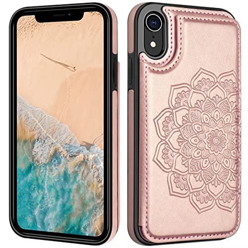 Mmhuo For Iphone Xr Case With Card Holder, Flower Magnetic Back Flip Case For Iphone Xr Wallet Case For Women, Shockproof Protective Case Full Cover Phone Case For Iphone Xr,Rose Gold #TOP4