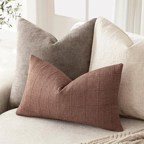 Image of Foindtower Set of 1 Decorative Linen Check Throw Pillow Cover Neutral Farmhouse Lumbar Cushion Cover Modern Boho Home Decor for Sofa Chair Couch Bedroom Living Room Outdoor,12x20 Inch,Autumnal Red