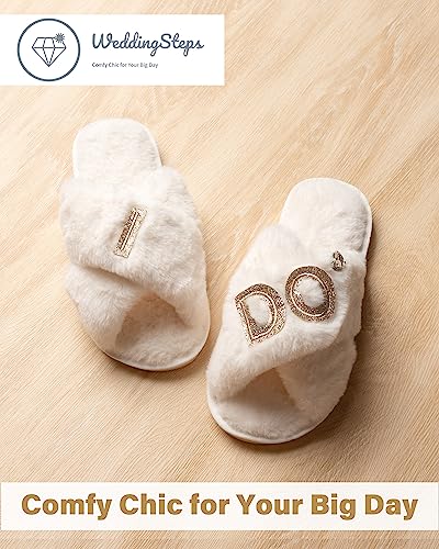 WeddingSteps Bride-to-Be Slippers - Comfy and Stylish Bridal Footwear with Elegant White Fur and Embroidery - Perfect Bachelorette Gift4