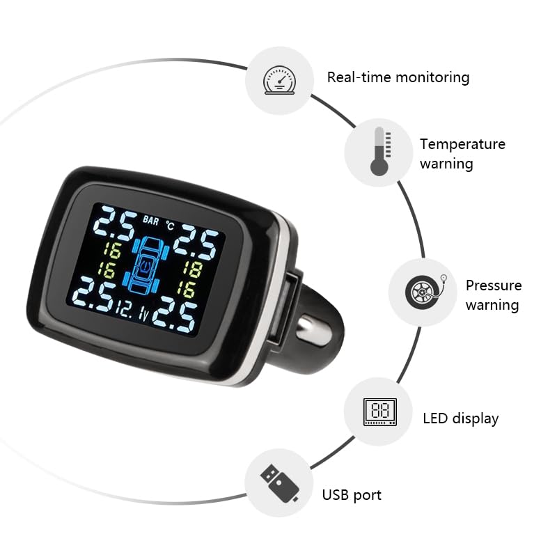Tpms Sistema di monitoraggio dell'allarme della pressione dei pneumatici con 4 sensori, sistema di allarme di sicurezza for auto, accendisigari, pressione dei pneumatici Pressione Pneumatici(Internal