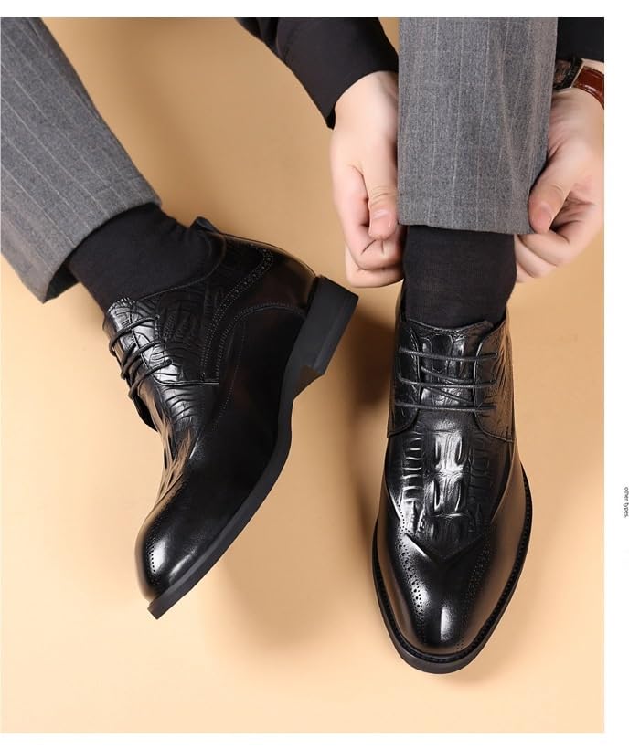 Dress Oxford Shoes for Men Lace Up Pointed Burnished Toe Crocodile Print Leather Derby Shoes Low Top Block Heel Rubber Sole Slip Resistant Prom3