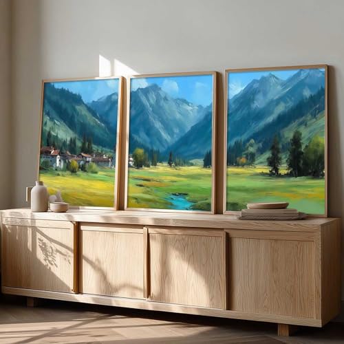 Image of kotart Abstract Nature Art Framed Paintings | Big Aesthetic Mountains View Painting | Vastu Frames for Bedroom Living Room Wall Decor Set Of 3 (13X17 inch)