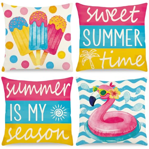 Feivando Summer Throw Pillow Covers 18x18 Inch Ice Cream Flamingo Pillowcase Sweet Summer Time Cushion Case for Home Farmhouse Couch Sofa Bed Indoor Outdoor Decor (Set of 4)