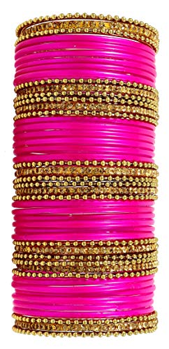 Image of NMII Glass With Zircon Gemstone Studded Worked and Ball Chain Or Plane Gloosy Finished Bangles Set For Women and Girls