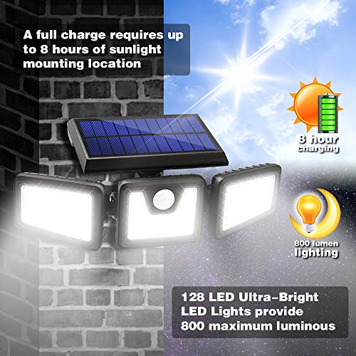 Solar Lights Outdoor, AmeriTop 128 LED 800LM Wireless LED Solar Motion Sensor Lights Outdoor; 3 Adjustable Heads, 270° Wide Angle Illumination, IP65 Waterproof, Security LED Flood Light (Daylight)