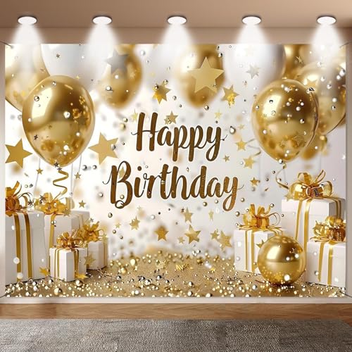 Happy Birthday Party Decorations White Gold Birthday Banner Background Indoor Outdoor Decoration Supplies Suitable for Boys Girls Men and Women