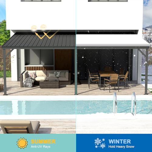 Domi 12’x20’ Lean-to Gazebo, Hardtop Wall-Mounted Gazebo Pergola with Sloping Galvanized Steel Roof and Upgraded Drainage System, Outdoor Permanent Metal Shelters for Patio Backyard Deck, Grey - Image 6