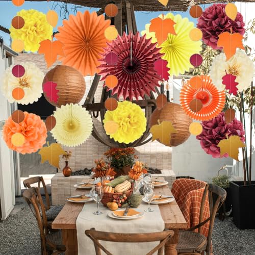 Herbst Party Deko Geburtstag Ahornblätter Girlande Orange Burgund Papierfächer Seidenpapier Pompons Laternen Kreis Punkt Blatt Girlande für Herbst Babyparty Brautdusche Thanksgiving Party Dekorationen