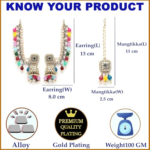 Image of ZENEME Traditional Gold Plated Kundan And Pearl Beaded Baahubali Jhumkas With Multi Layered Ear Chain Earrings for Women & Girls