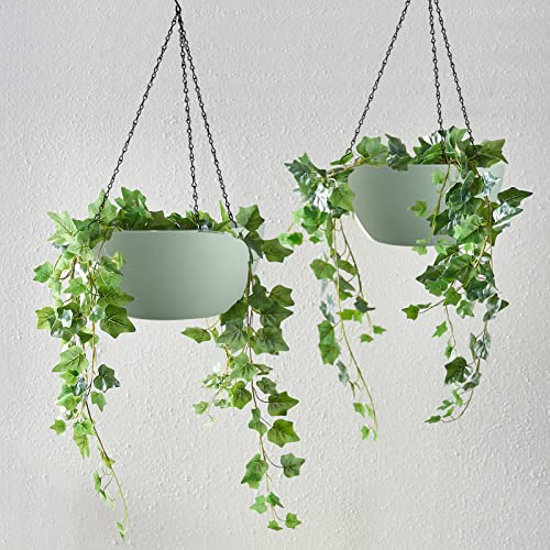 Wousiwer 13 Inch 2 Pack Large Hanging Planters For Indoor Outdoor Plants With Drainage Holes And Chain, Round Hanging Flower Pots For Garden Home Porch Decor, Green #TOP5