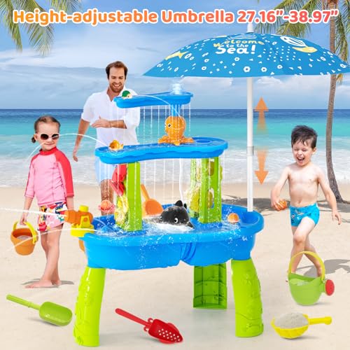 【2024 Newest】Auto Water-Absorbing Water Table for Toddlers 1-3, 3-Tier Kids Water Table with Umbrella Splash Pond, Outdoor Toys Sand and Water Table for Age 1-2 3-5, 20PCS Water Toy Accessories - Thumbnail 7