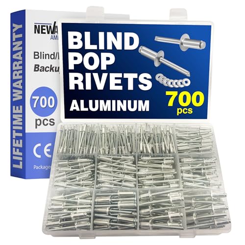 New Age America® 700pcs Blind Pop Rivets & Backup Washers | 3/32" to 1/4" | Silver | 14 Sizes | SAE Size Aluminum Rivets & 304 Stainless Steel Backup Washer | Rivet Kit w Steel Mandrel | Labelled Case by New Age America - Used condition - US$17.22