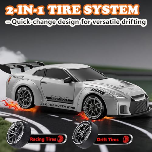 Image of RC Drift Car, 1:24 Scale Remote Control Vehicle with LED Lights,Drifting Tires&Two Batteries, Racing Sports Toy Idea Gift for Adults Boys Girls and Kids Galactic Silver