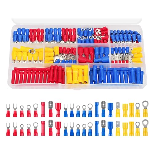 200PCS Insulated Electrical Connectors Kit Automotive Crimp Terminal Set with Ring Fork Spade Male Female & Butt Splice 12V Wire Crimping Assortment for Car Motorcycle Marine Repair
