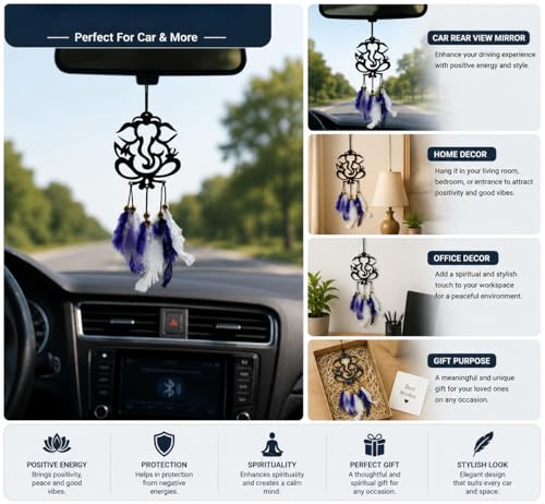 Image of Acrylic Dream Catcher Car Hanging Ornament with Purple and White Feathers - Rear View Mirror Decor for Cars, Spiritual Wall Hanging Decoration for Home, Office and Gift Use (GANESH-001)