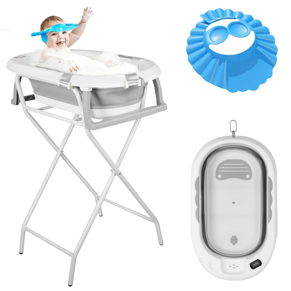 Baby Badewanne mit Gestell, Faltbare Babywanne mit Thermometer, Badekissen und mit Badekappe, Ablaufsystem (Grau, 55x40x91 cm)