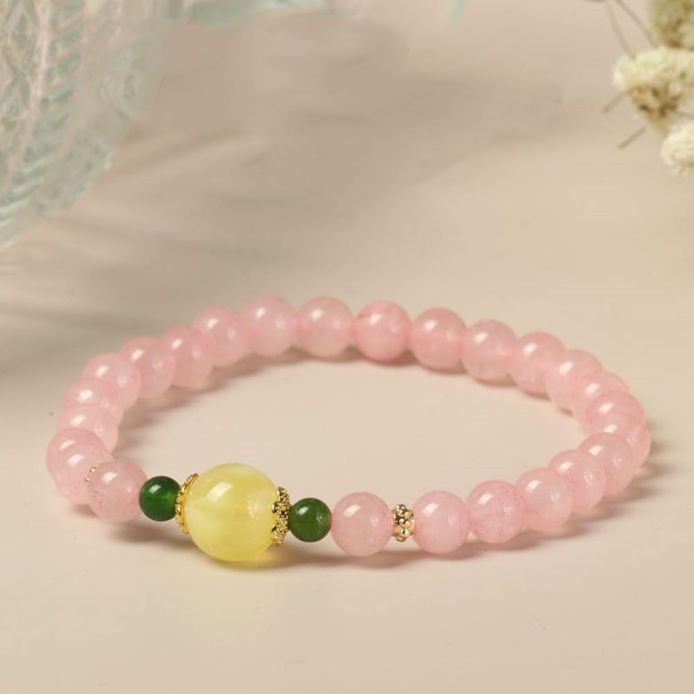 Bracciale in Quarzo Rosa e Ambra - Cristallo Rosa Naturale con Perle di Ambra autentica per Amore, Armonia ed energia Calda, Gioielli Elasticizzati per Donna