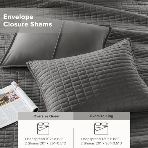 Comfort Spaces Charcoal Oversized King Quilt Set 120"x118" Bedspread Quilted Summer Lightweight Microfiber Bedding Coverlet with Double Sided Stitching Soft All Season Cozy 3 Piece with Matching Shams