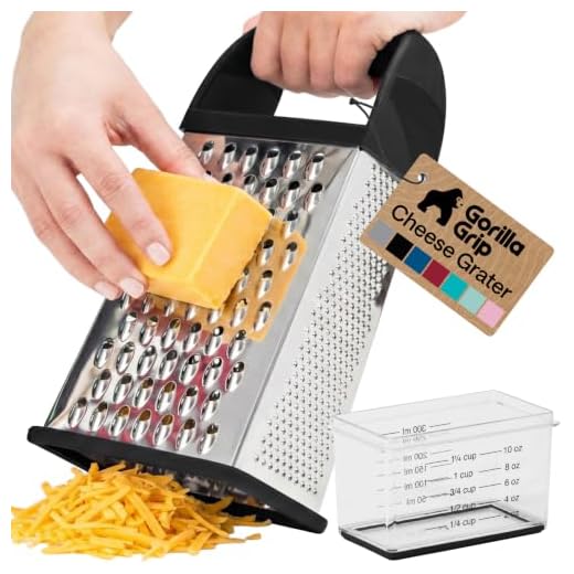 Gorilla Grip Stainless Steel Box Grater, XL Size 4 Sided with Soft Grip Handle and Slip Resistant, Dishwasher Safe Kitchen Handheld for Cheese, Parmesan, Vegetable with Detachable Container, Black