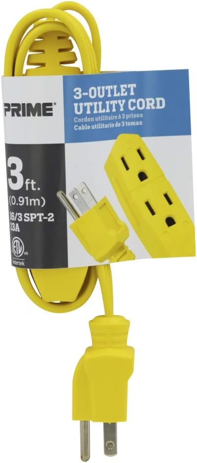 Prime EC840603 3-Foot 16/3 SPT-2 3-Outlet Utility Indoor Cord, Yellow