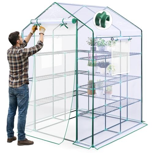 KING BIRD Premium Greenhouse for Outdoors, 56x56x77 in Walk-in Hot House with Thickened Cover, Reinforced Frame, Screen Windows & Mesh Door, 4 Tiers 15 Shelves for Outside Garden Seedlings,