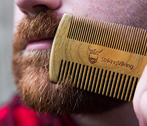Striking Viking Wooden Beard Comb & Brown Carry Case - Natural Sandalwood Beard and Mustache Comb with Fine & Coarse Teeth - Anti-Static Pocket Comb for Everyday Carry- Perfect for Use with Balms and Oils