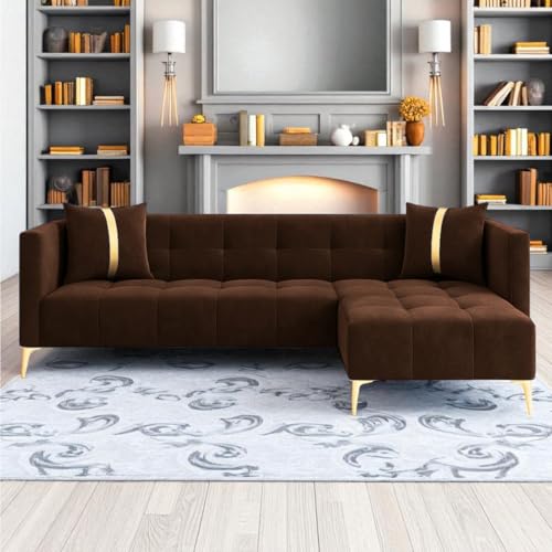 Image of Furny Styling 4 Seater Fabric RHS L Shape Sofa Set (Brown) | Soft Velvet Fabric | Modern Design | Comfortable Seating | Living Room Furniture