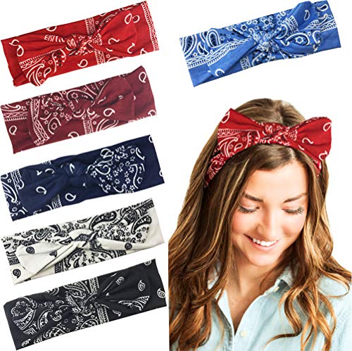6 Pack Paisley Boho Bow Headbands for Women Girls Bowknot Vintage Paisley Bandana Hairband Cute Floral Elastic Head Wrap Yoga Sport Shower Headbands Hair Accessories for Women Girls
