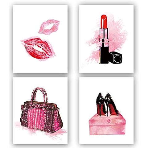 Fashion Women Art Print , Makeup Wall Art Prints, Canvas Painting Sexy lips Handbags Lipstick Shoes Posters,Fashion Prints Wall Pictures for Living Room Bed Room Home Decor,4 Set No Frame,8"x 10 Inch" Cover
