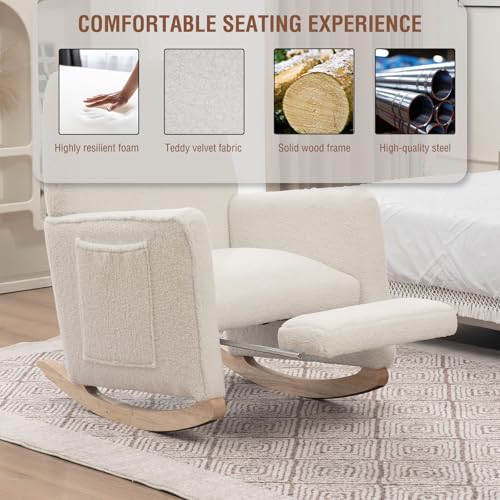 Fauteuil à Bascule avec Repose-Pieds, Chaise à Bascule avec Accoudoirs et Poches Latérales, Rocking Chair avec Pieds en Bois Massif, Charge maximale : 110 kg, Convient au Bureau, Lire, Blanc – Image 6