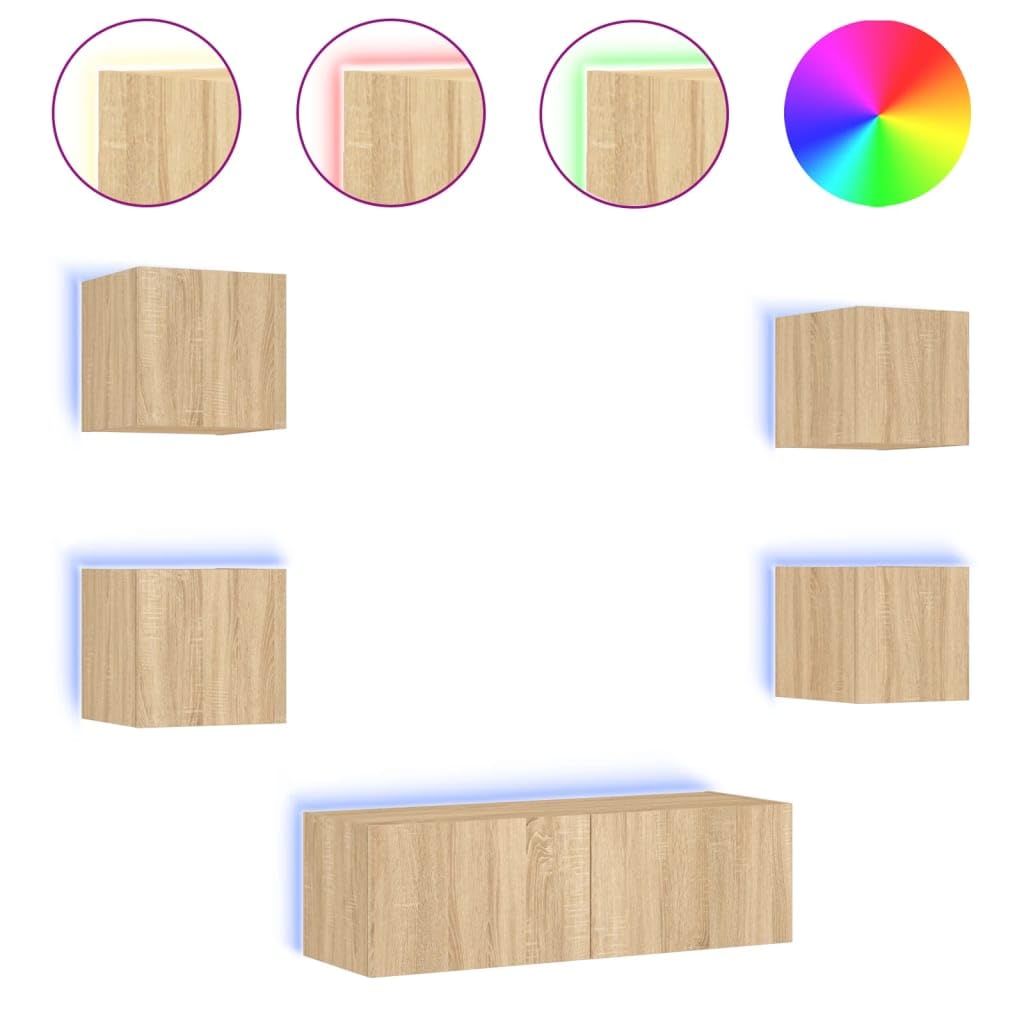Gecheer 5-TLG.TV da parete con luci a LED, pensili per TV, armadietti sospesi, pensili per TV, armadio, parete multimediale, pensili, TV, soggiorno, rovere Sonoma