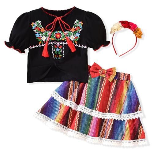 Image of HIHA Toddler Little Girls Mexican Embroidered Skirts Outfit