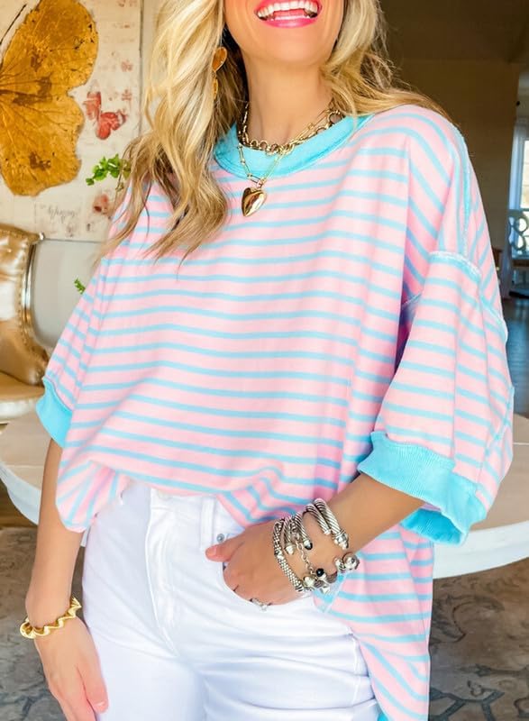 Image of SHEWIN Womens Tops Casual Short Sleeve Sweatshirt Crewneck Striped Shirt Pullover T Shirts Loose Blouses