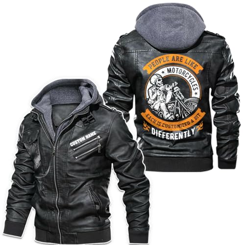 orealexpress Bike Grandpa Motorcycle Rider Retirement Gift Papa Biker Personalized Mens PU Leather Coat Custom Motorcycle Jacket Removable Hood Black