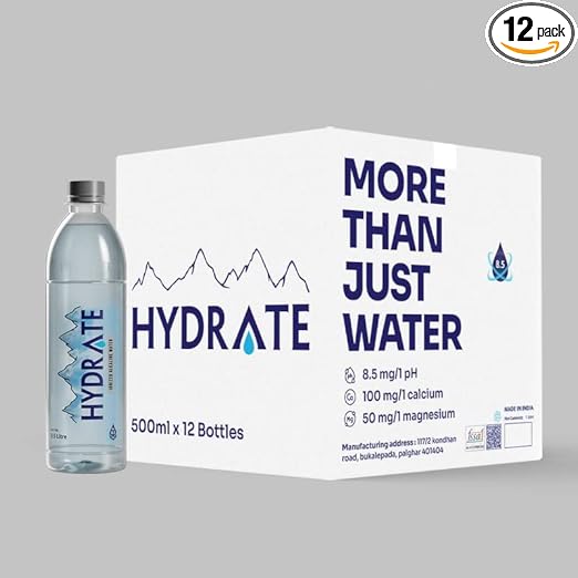 HYDRATE Ionized Alkaline Water with Natural Nutritious Minerals Contains 8.5 pH with Amazing Health Benefits to Make It a Perfect Hydration Choice (500 ml) (Pack of 12)