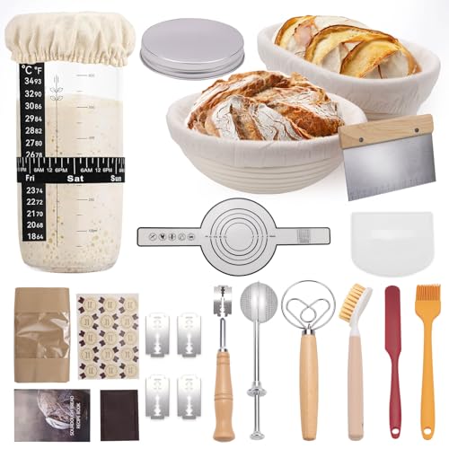 Sourdough Starter Kit-21 Piece Ultimate Bread Baking Supplies Set with Banneton Proofing Basket (9" Round & 10" Oval), Dough Jar, Bread Lame, Whisk & Tools, Complete Sourdough Kit for Beginners
