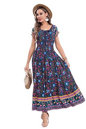 Image of OSTOO Women's Floral Maxi Dress Boho Summer Short Sleeve Smocked Waist Tiered Long Dress