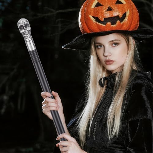 Image of GORGECRAFT Vintage Walking Stick 116cm Long Halloween Cosplay Antique Cane Costume Cane Plastic Punk Prop with Light Grey Skull Top Handle Knob Pretend Play Royalty Scepter Wand for Themed Events