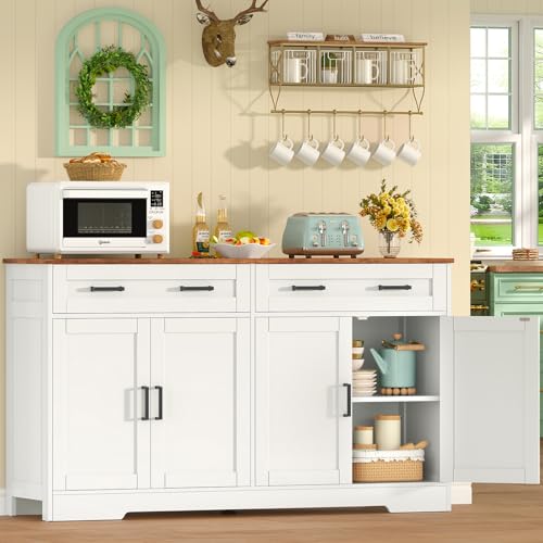 TEENFON 140 cm Aparadores para Salon con 2 Cajones, Aparador Cocina con Estantes Ajustables, Armario Cocin con Encimera para Pasillo Comedor- 140 x 40 x 80 cm - Blanco