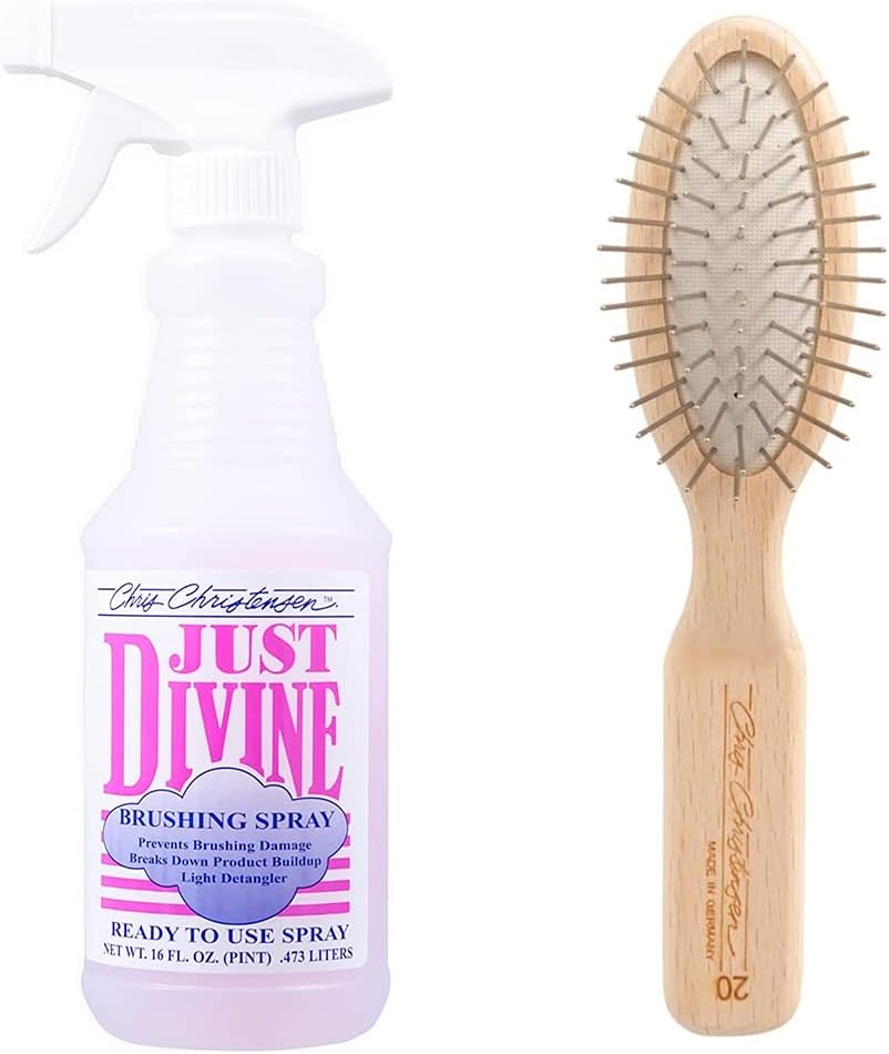 Chris Christensen Grooming Bundle - Just Divine Ready to Use Brushing Dog Spray, Prevents Brushing Damage, Light Detangler - 20 mm Little Wonder Original Series Oval Pin Brush, Stainless Steel Pins