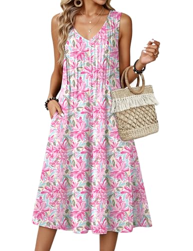 Image of Zeagoo Women Summer Casual Dresses 2026 Sleeveless Midi Pleated Tank Sundress with Pockets V Neck A Line Swing Tshirt Dress