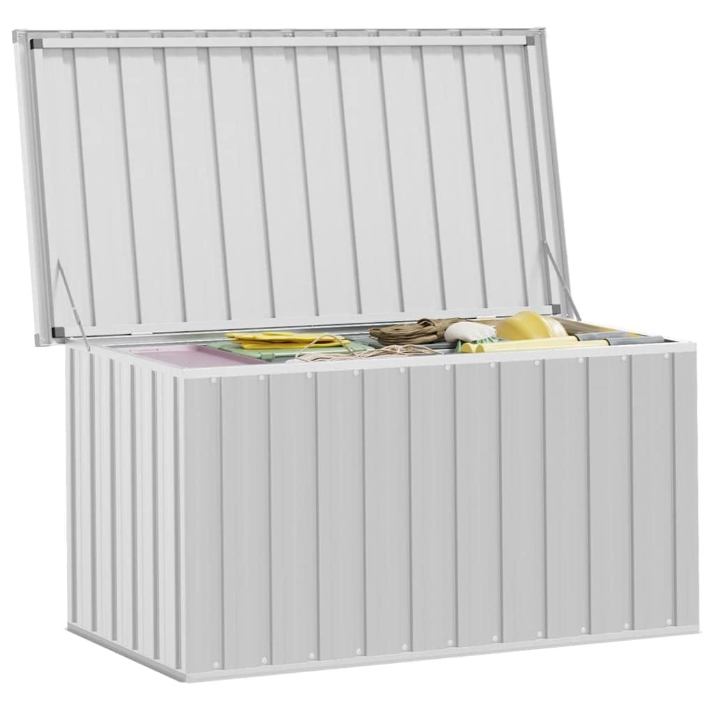 Gartenbox Grau 129x67x65 cm Stilvolle Aufbewahrungsbox für Terrasse Balkon Garten, Robustes Verzinktes Stahlgehäuse, Geräumige Lagerung für Kissen Werkzeug Gartengeräte,