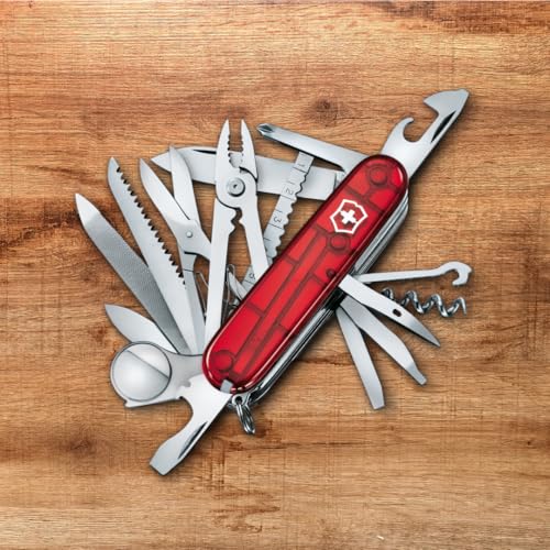 Image of Victorinox Swiss Champ Swiss Army Knife, 33 Functions, Swiss Made Pocket Knife with Large Blade, Screwdriver, Chisel and Combination Pliers - Ruby | Swiss Made pocket knife with stainless steel pliers, scissors, and large blade. Compact 91mm toolbox for camping or DIY