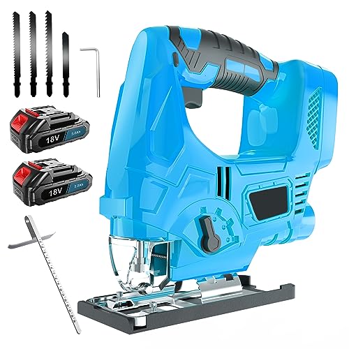 WAKKAPEINT Cordless Jigsaw with 2 Batteries, Electric Jigsaw Tool, 0-3000SPM Cutting in Wood 60mm, 6 Variable Speeds, 4 Orbital Sets, Bevel Cutting 45¡ã, Wireless Jig Saw for Wood and Metal Cutting