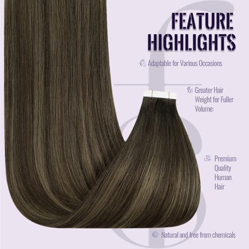 Fshine Extensões de cabelo humano com fita adesiva Balayage, marrom escuro a marrom castanho, fita i