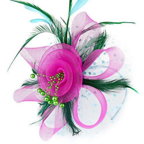 Image of DRESHOW Fascinators Hat Flower Mesh Ribbons Feathers on a Headband and a Clip Tea Party Headwear for Girls and Women