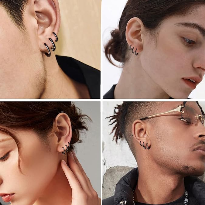 Image of El Regalo 3 Pairs of Unisex Non-Piercing, Clip On Earrings for Girls /Boys /Men /Wome- Surgical Stainless Steel Hypoallergenic Huggie Fake Earrings