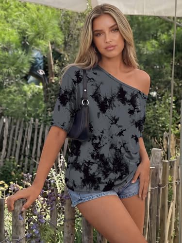 Image of Trendy Queen Womens Off the Shoulder Tops Oversized Summer T-Shirts 2026 | Breathable Strenchy Comfort Material Short Sleeve Basic Oversized Tees Casual Workout Gym Y2k Going Out Clothes