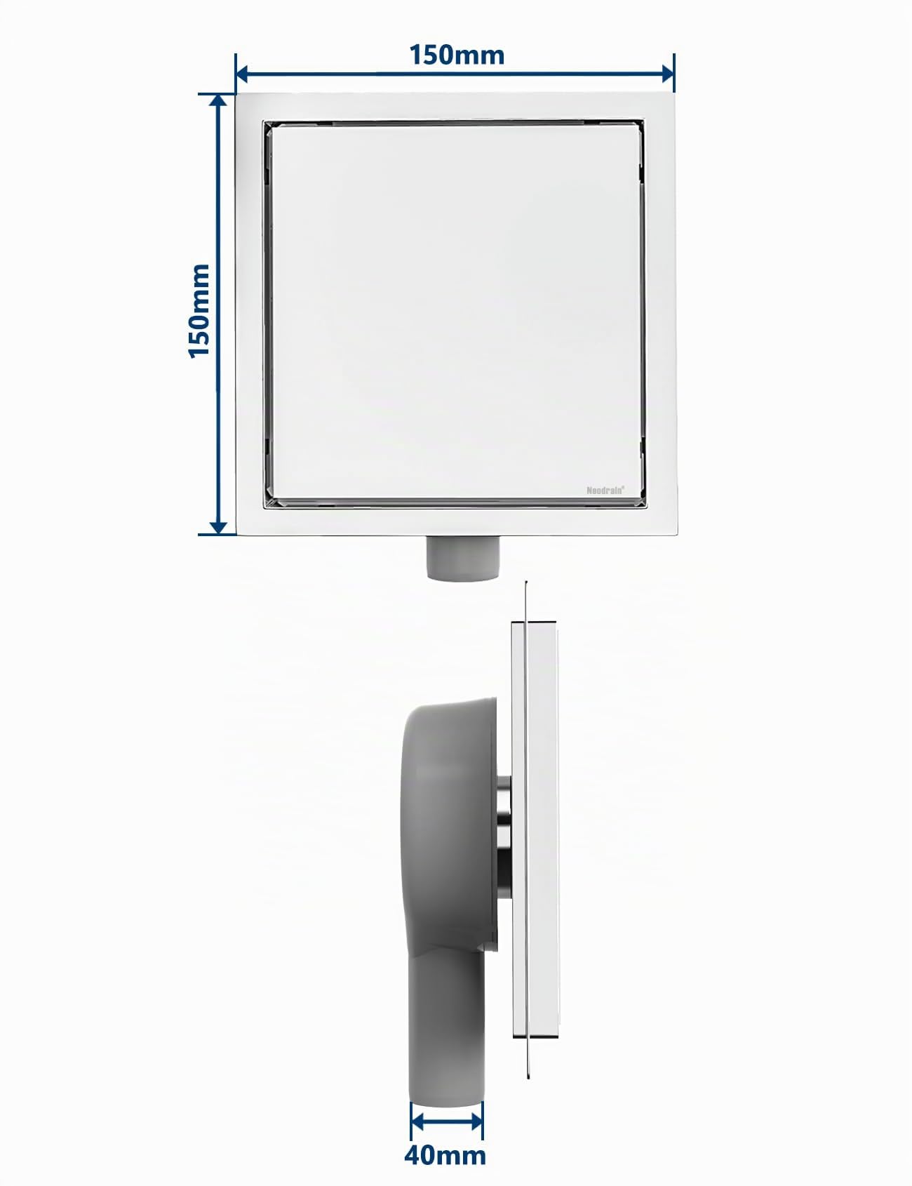 Neodrain Canalina per doccia quadrata, in acciaio inox 304, con sifone a 360°, antiodore, 2 in 1, piastrellabile, 15 x 15 cm